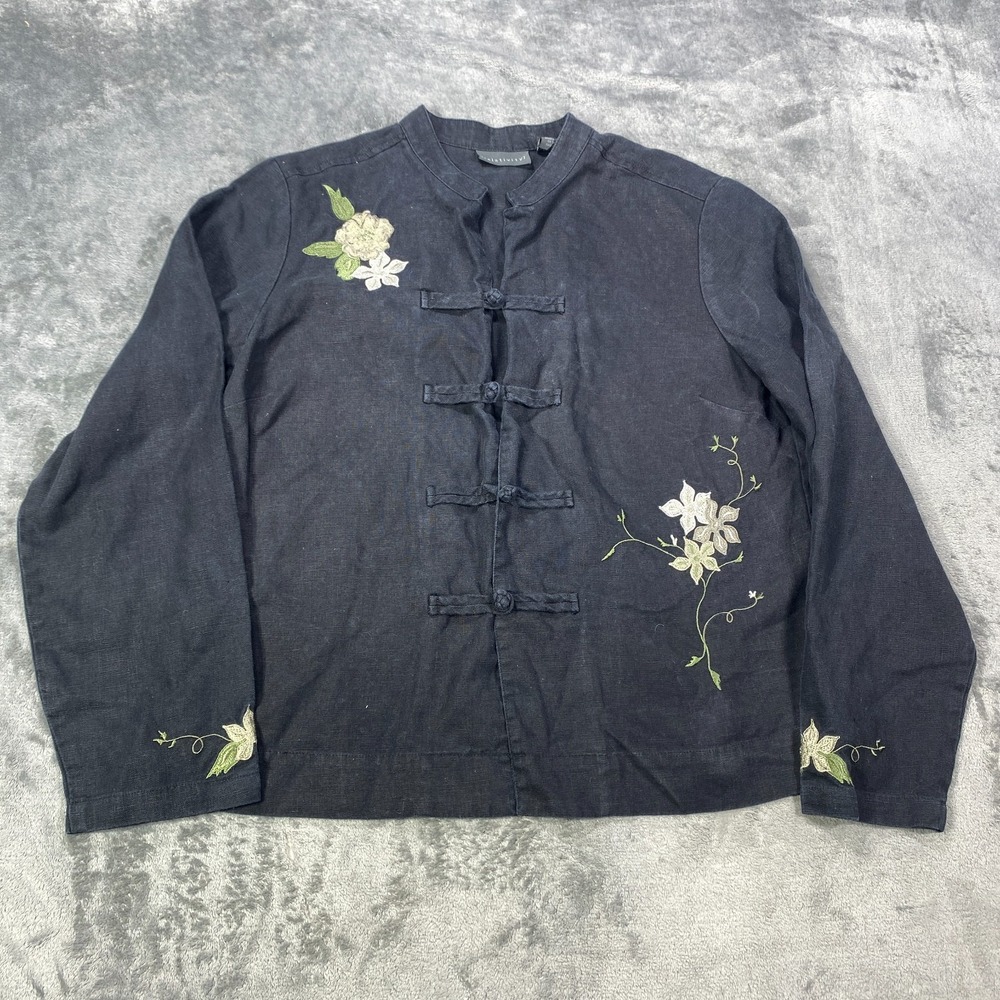 Relativity Asian Style 100% Linen Embroidered Top Shirt Medium Frog Closure